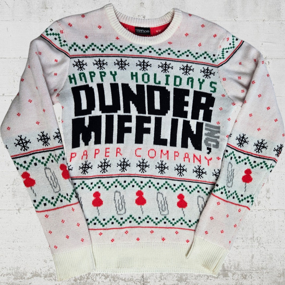 The Office Dunder Mifflin Holiday Fair Isle Knit Sweater White Red Size Small - Picture 9 of 9